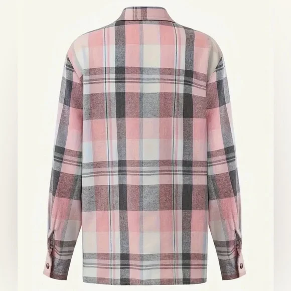 Pink Gray Plaid Button Down Flannel Shirt - Picture 2 of 7